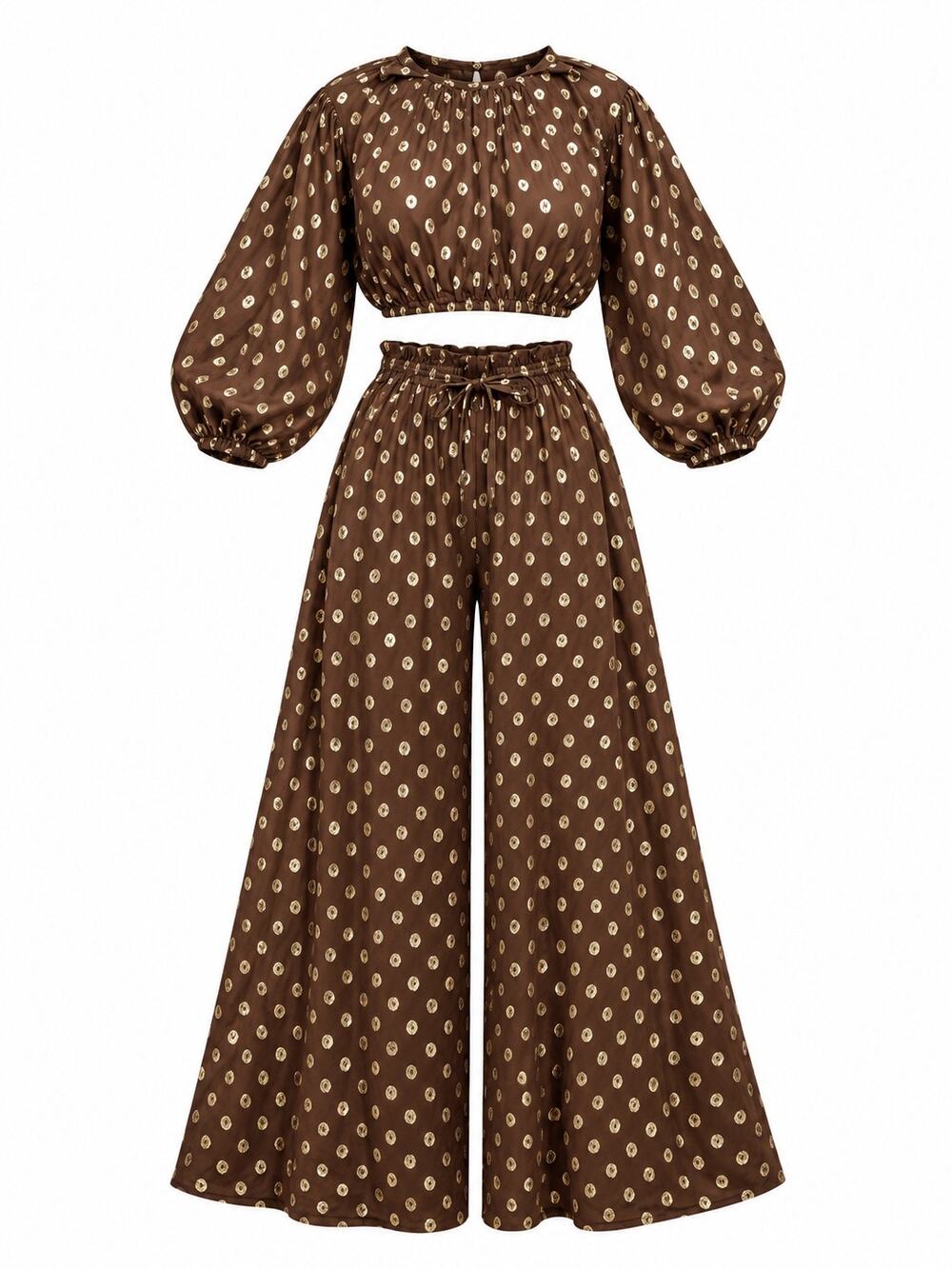 BOTEH NWT Cotton Brown Gold Block Print Crop Top Wide Leg Pants Set Size 1 S